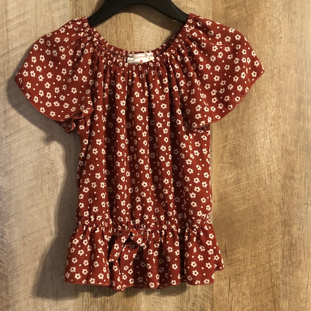 Jenna & Jessie Rust Floral Peasant Top with Ruffle Hem